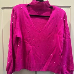 Generation Love Fuchsia V-Neck Sweater with Pearl Details